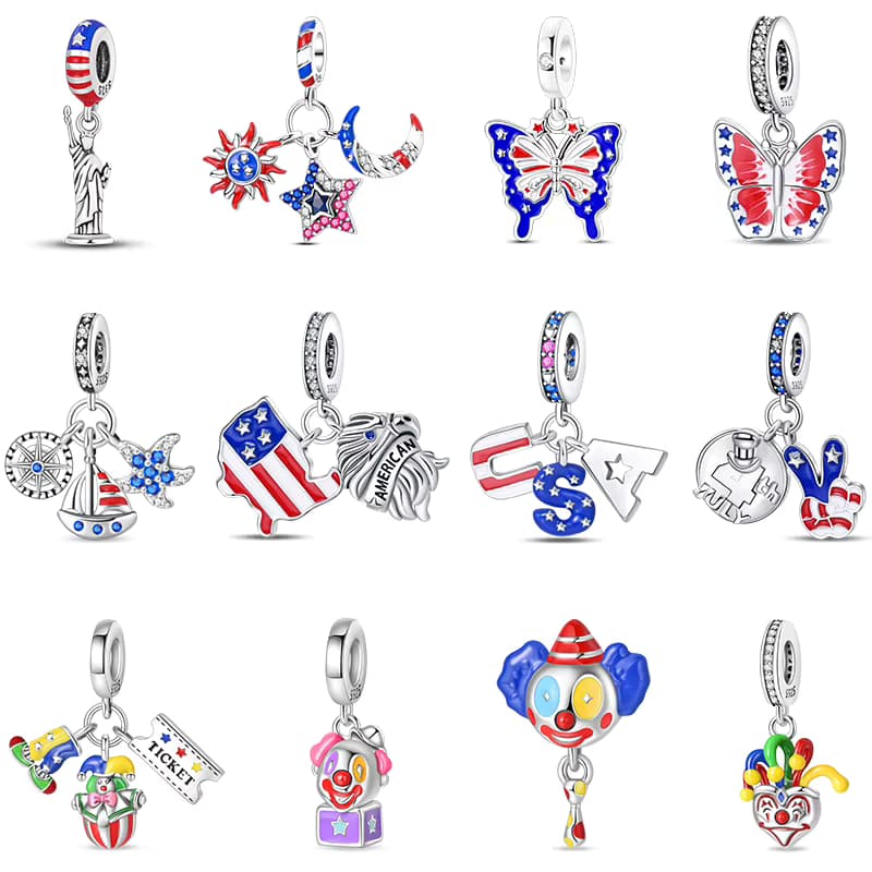 Herzförmige amerikanische Flagge aus 925er Silber, Freiheitsstatue, Schmetterlings-Charms, Perlen, passend für Qikaola 925 Original-Armbänder, DIY-Schmuck