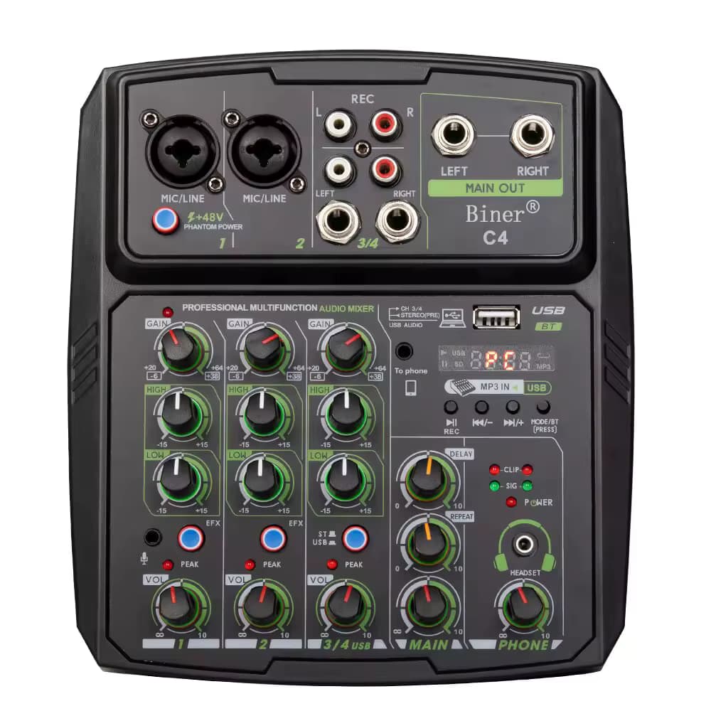 Biner C4 4 Channel Audio Mixer Multifunctional Computer Mobile Phone Recording Live USB Console Usb Audio Mixer. Tilbud fra Alibaba US.