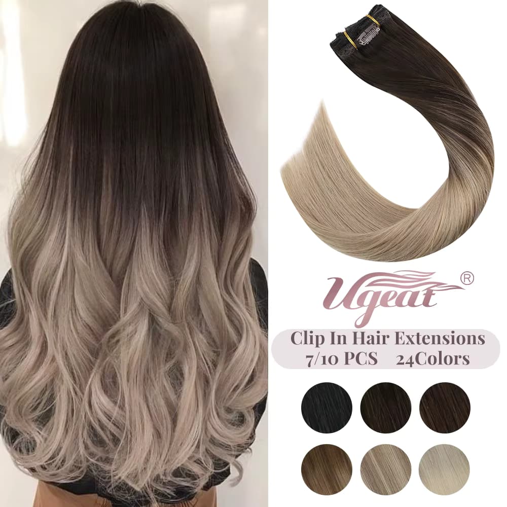 Ueget Clip in Haar Extensions Silber Balayage 7/10PCS Clip in Hair Extensions Echt Huamn Haar Clip In natürliche Haar Fullhead Remy