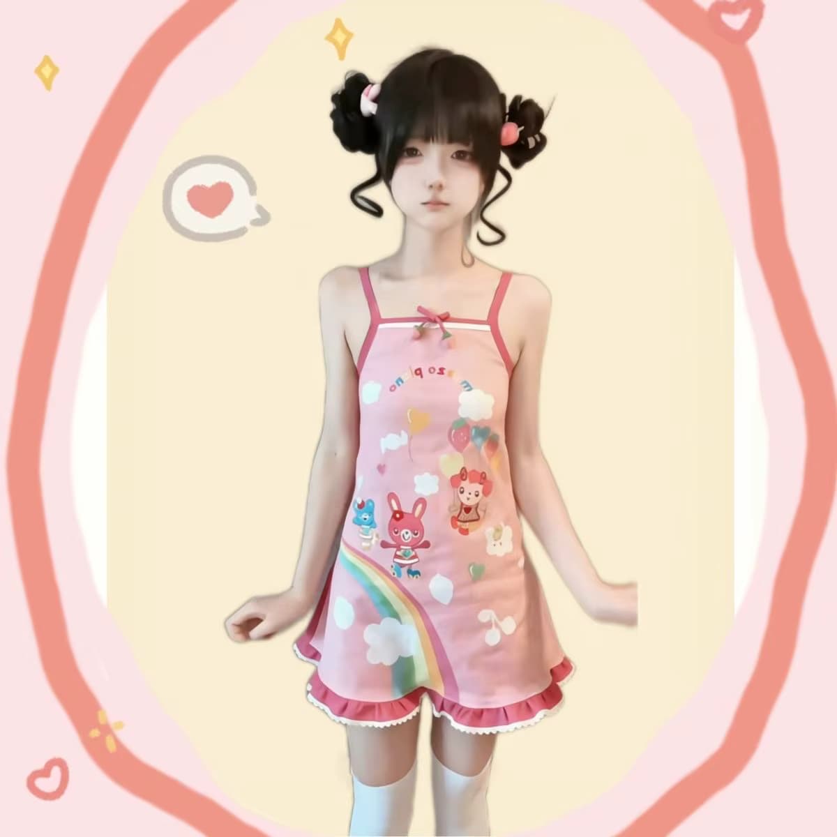 Sommerliches neues süßes Mädchen-Cartoon-Mini-Kleid im japanischen Jojifuku-Stil mit Erdbeer-Regenbogen-Print und Trägern – Vestidos de Mujer