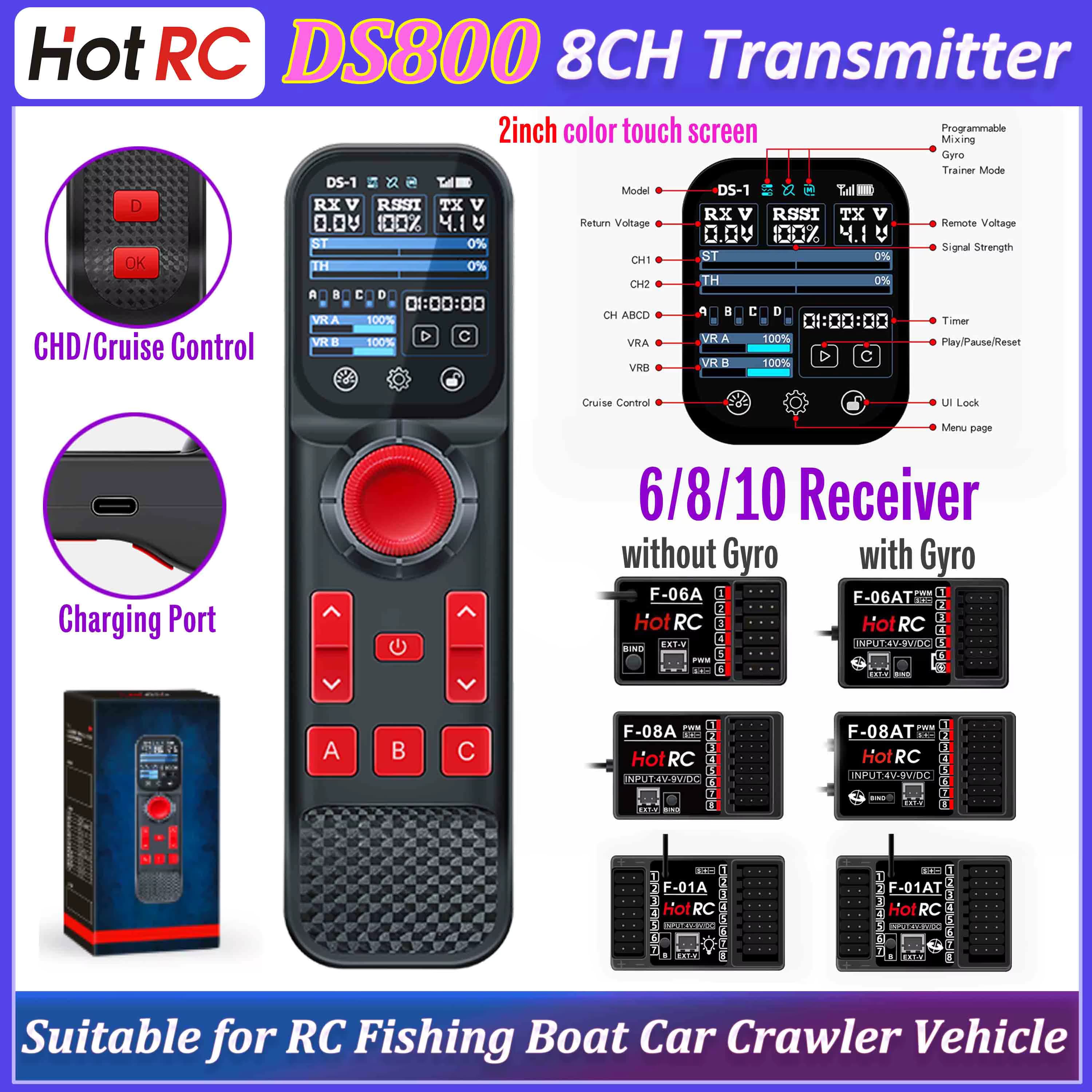 Hotrc DS800 DS 800 8-Kanal 2,4GHz Sender 2 Zoll Farb-Touchscreen Funksystem Fernbedienung F-08A Empfänger für RC Auto Boot