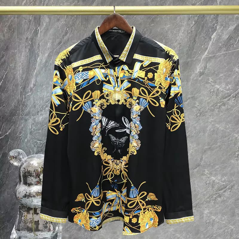 2023 hochwertige Streetwear koreanische Männer Schwarz gold Barock druck Blumen hemd Männer Slim Fit Hemd Social Camisa Masculina