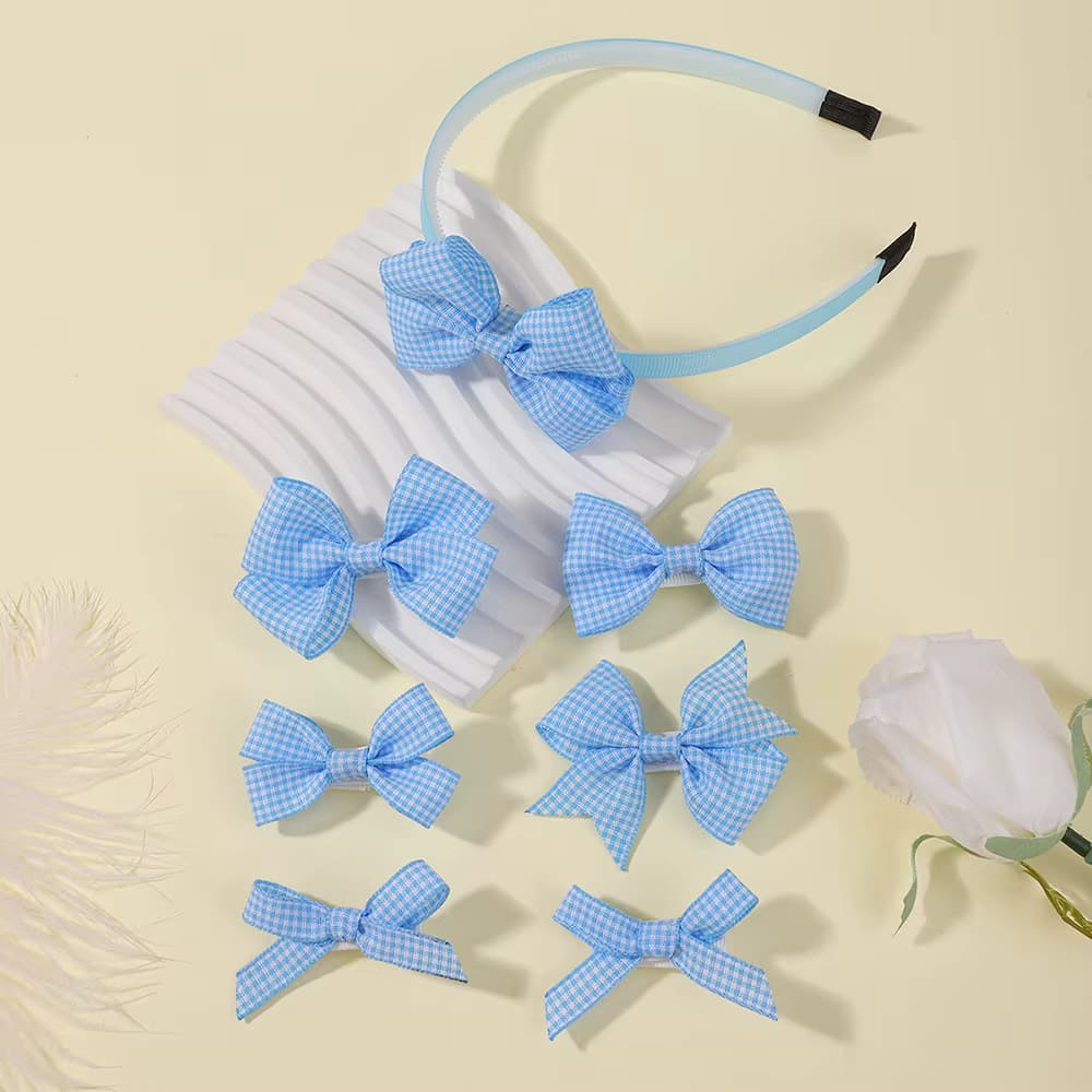 7-teiliges Set Blaue Karierte Stoff-Haarspangen für Mädchen Kinder Schmetterling Elegante Modische Haarklammern Kinder Baby Haaraccessoires