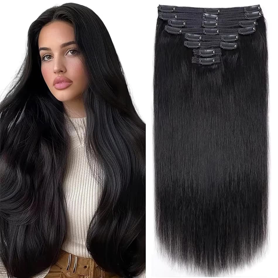 Clip-In-Haarverlängerungen, Echthaarfarbe # 4 schokoladenbraune Clip-in-Haarverlängerungen, 8 Stück, natürliche schwarze Farbe, 66 cm