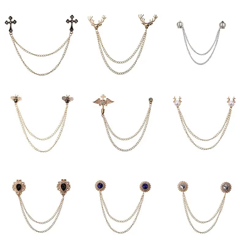 Neue Kristall Strass Kreuz Broschen Perle Krone Quaste Kette Kragen Pins Anzug Hemd Abzeichen Hochzeit Schmuck Zubehör