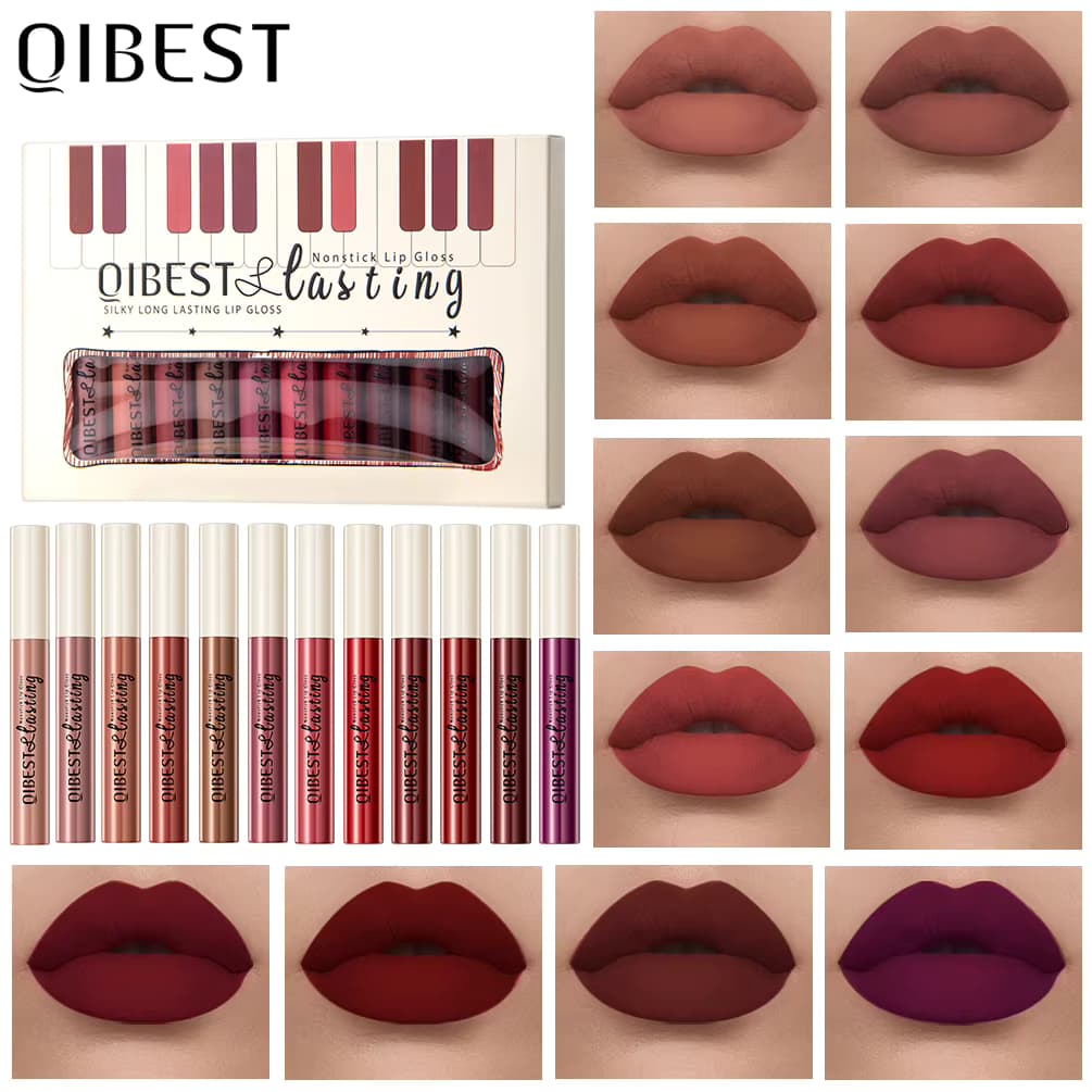 QIBEST 12 Farben Matte Lipgloss-Set Wasserfester Langanhaltender Flüssiger Lippenstift Samt Nude Rot Lipgloss Tint Pflegend Nicht Klebender Lippenstift