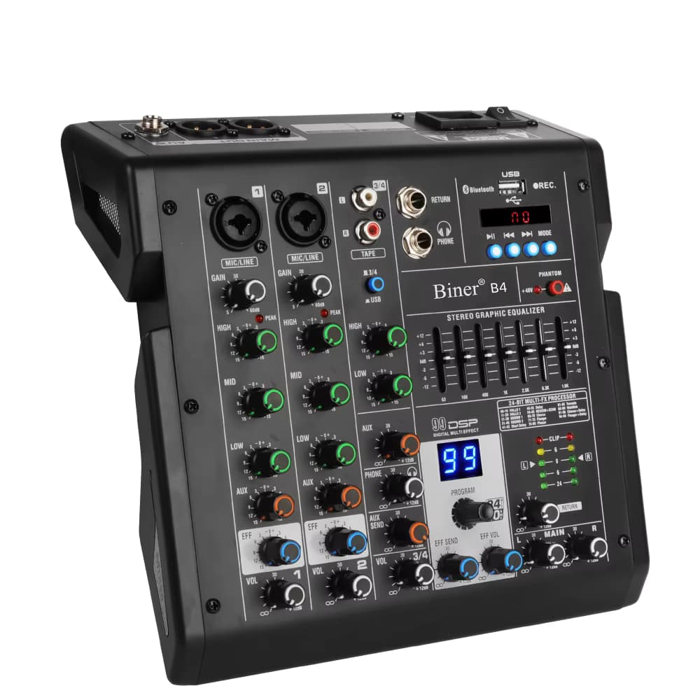 Biner B4 High Quality Professional Portable 4 Channel Built in 99 DSP Digital for Computer Recording 4 Channel Audio Mixer. Tilbud fra Alibaba US.