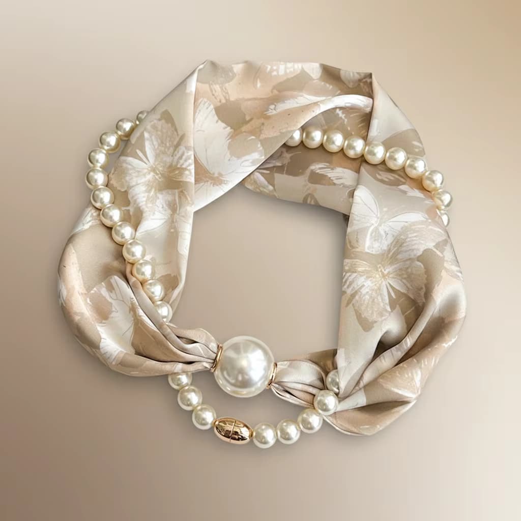 Langer Seidenschal für Damen mit magnetischer Schnalle und Perlenverzierung, dünner Nackenschutz, geeignet für Frühling und Herbst