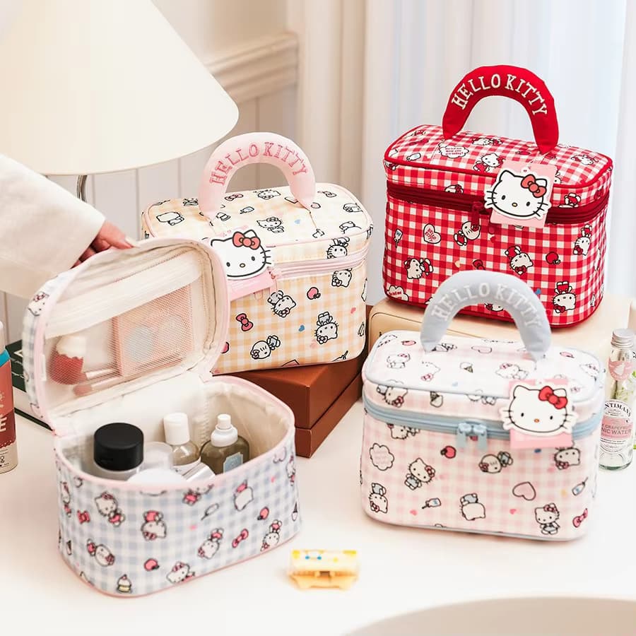 Große tragbare Aufbewahrungstasche, niedliche karierte Sanrio Kitty Kosmetiktasche, strapazierfähige Canvas-Kosmetiktasche