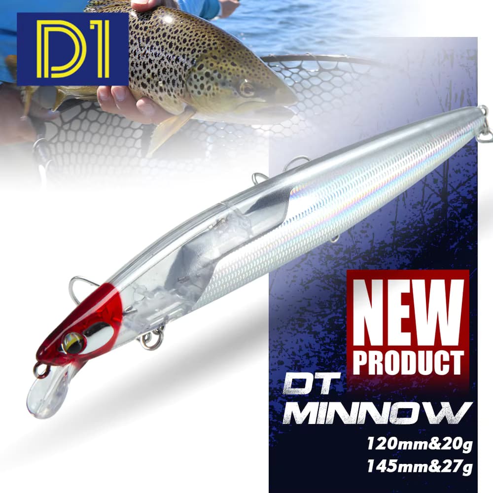 D1 Schwimmender Minnow-Angelköder für Weitwürfe 120mm/20g 145mm/27g Künstliche Hartköder Wobbler mit Gewichtsschiebersystem für Hecht