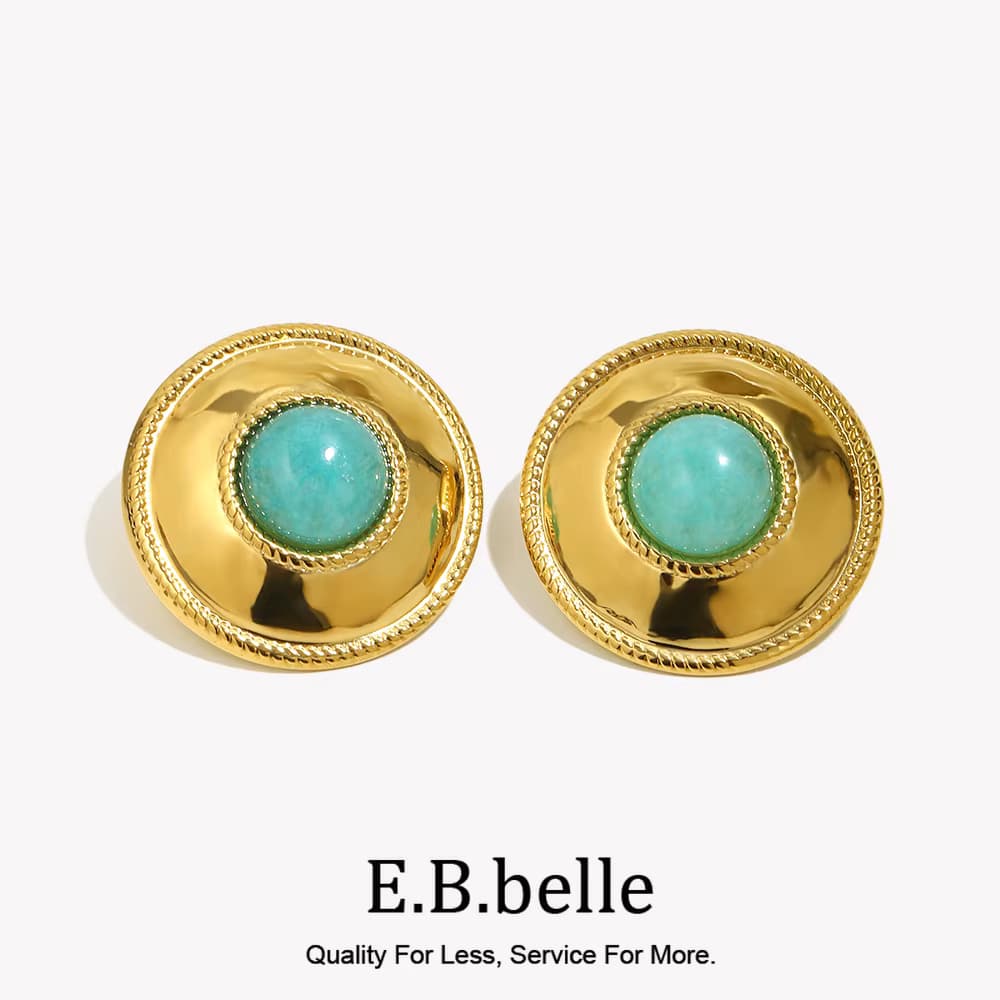 E.B.belle Modische runde Ohrstecker aus 18 Karat vergoldetem blauem Amazonit-Stein, 18 Karat vergoldeter Edelstahl, wasserfester Schmuck